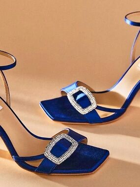Badgley Mischka Blue Satin Heeled Sandals w Crystal Embellished Buckle size 10